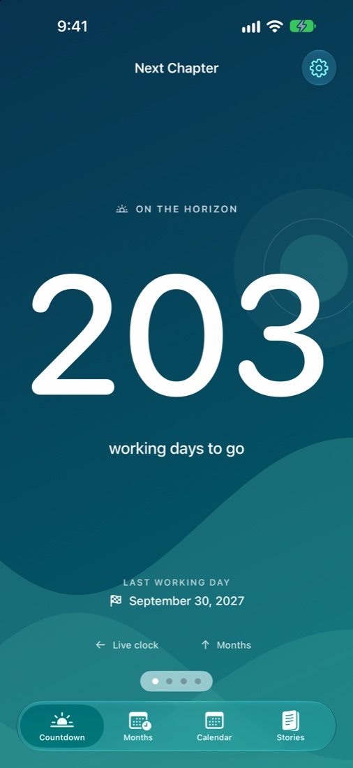 Next Chapter on iPhone showing 203 working days to retirement in an ocean blue and teal design